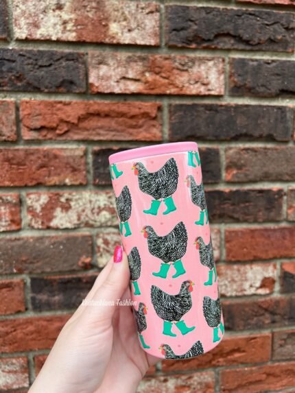 12 oz skinny can koozie - chicken in rainboots